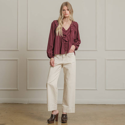 Ruffle Trim Striped Blouse