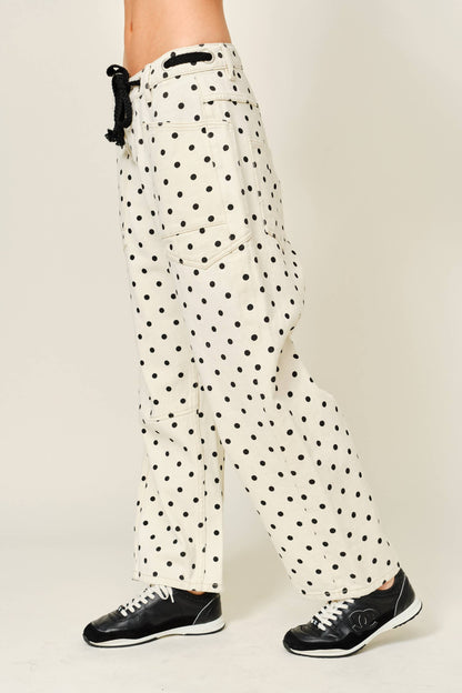 Polka Dot Barrel Leg Cotton Denim Pants