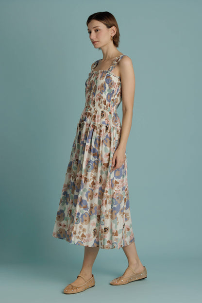 Floral Smocked Bodice Midi Dress with Pockets