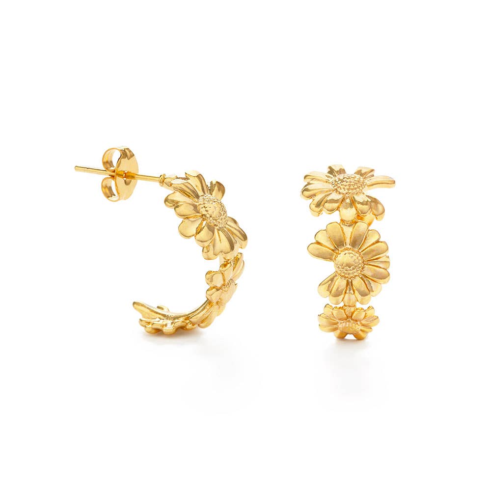 Daisy Flower Hoop Earrings, Gold Plated