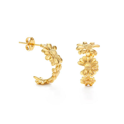 Daisy Flower Hoop Earrings, Gold Plated