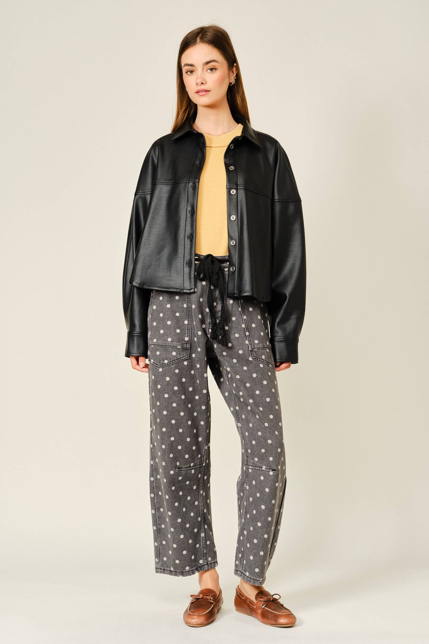 Polka Dot Barrel Leg Cotton Denim Pants