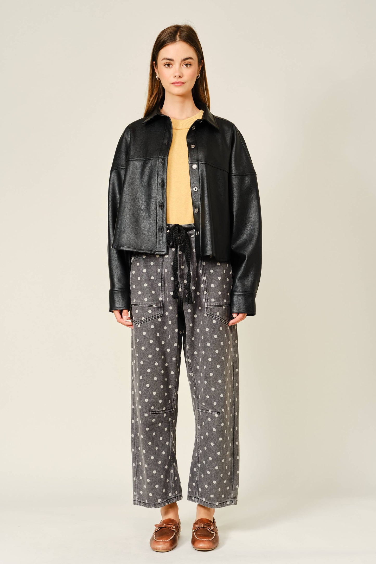 Polka Dot Barrel Leg Cotton Denim Pants