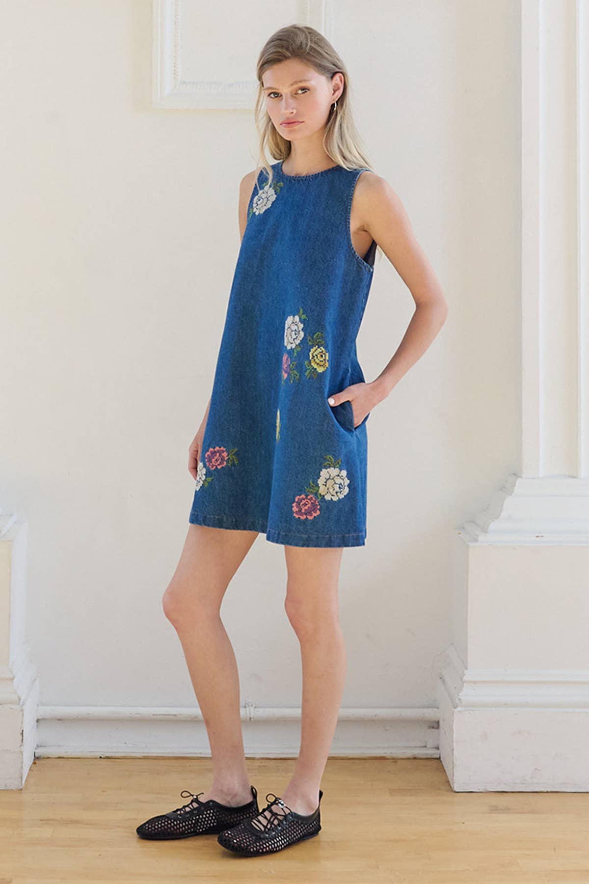 Floral Embroidered Denim Mini Dress with Pockets
