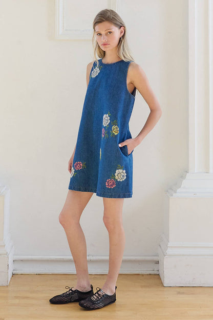 Floral Embroidered Denim Mini Dress with Pockets