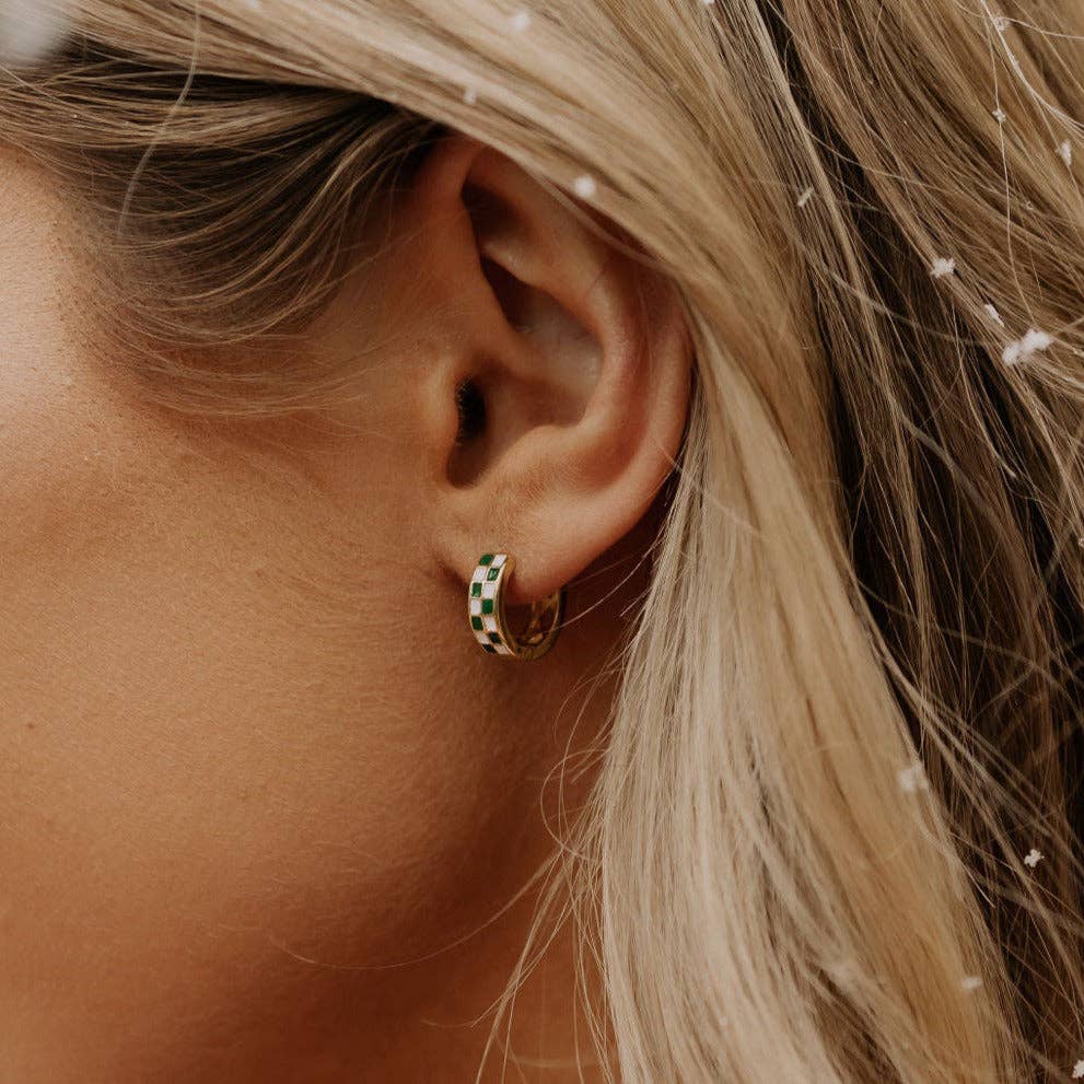 Green & White Checkered Hoop Earrings