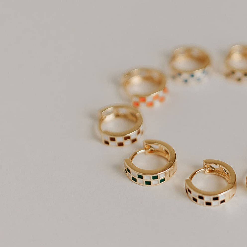 Green & White Checkered Hoop Earrings