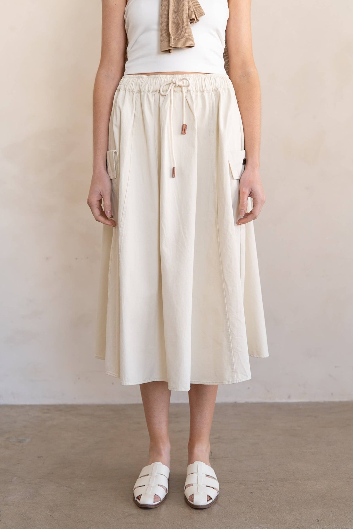 Gathered Drawstring Utility Midi Skirt