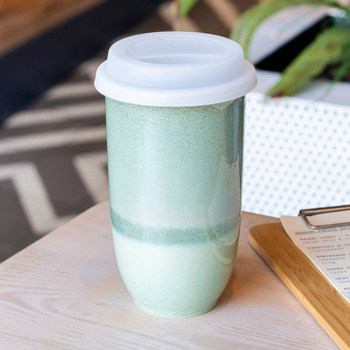 Emerald Green Ceramic Travel Mug with Lid, 16 oz