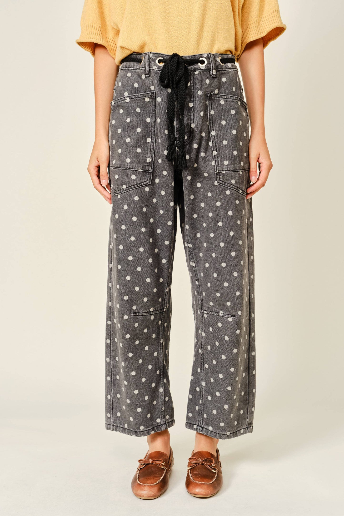 Polka Dot Barrel Leg Cotton Denim Pants
