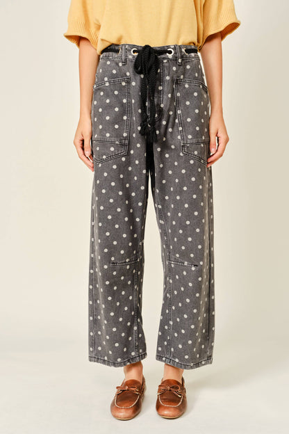 Polka Dot Barrel Leg Cotton Denim Pants