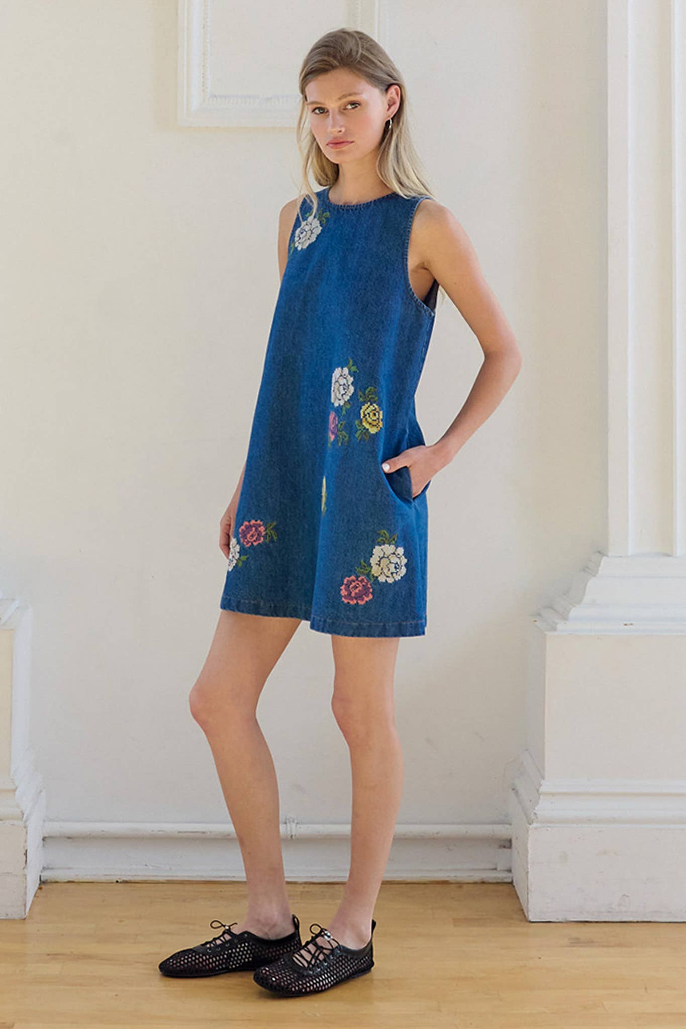 Floral Embroidered Denim Mini Dress with Pockets