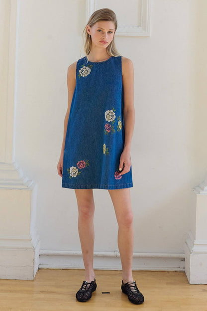 Floral Embroidered Denim Mini Dress with Pockets
