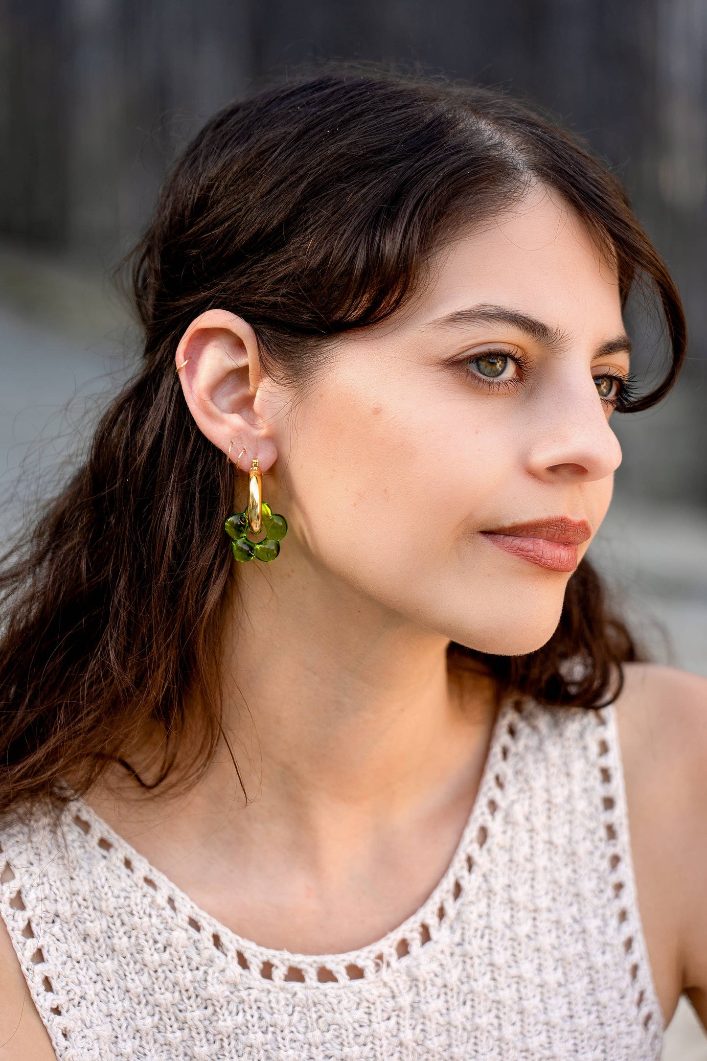 Green Glass Flower Hoop Earrings
