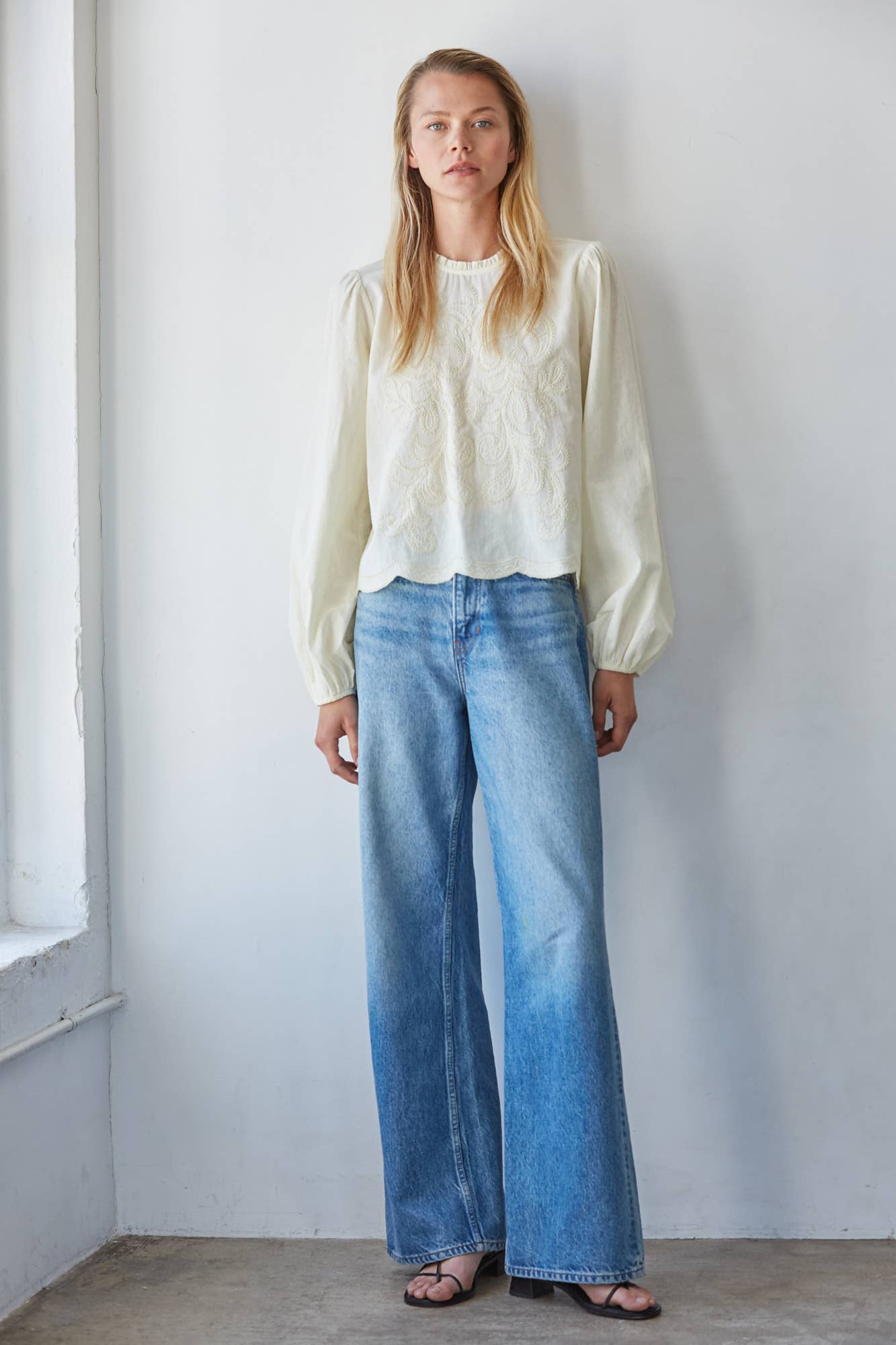 Mock Ruffle Neck Embroidered Cotton Top
