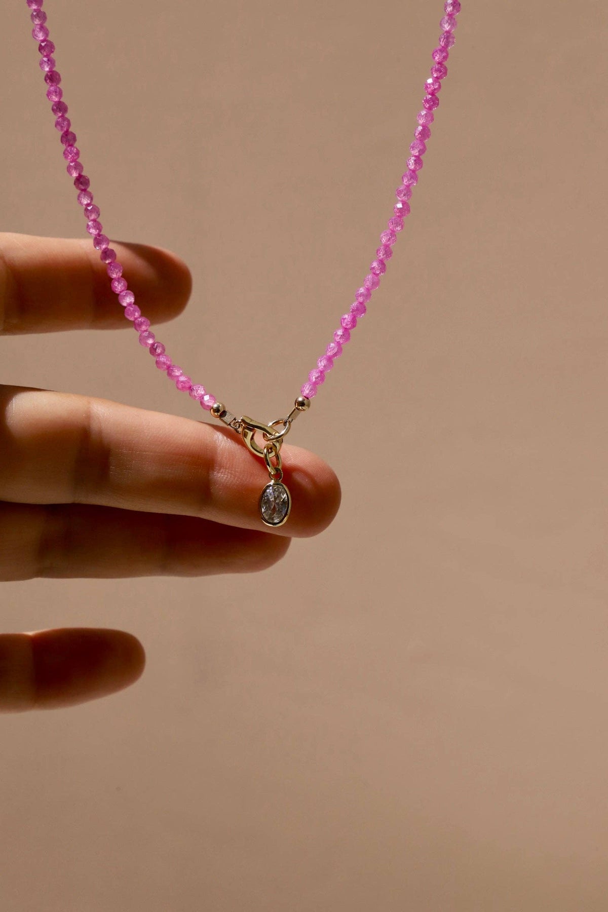 Pink Quartz Beaded Charm Necklace, Gold Clasp