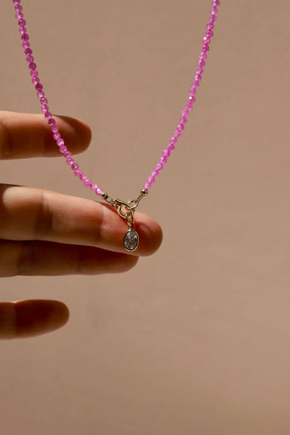Pink Quartz Beaded Charm Necklace, Gold Clasp