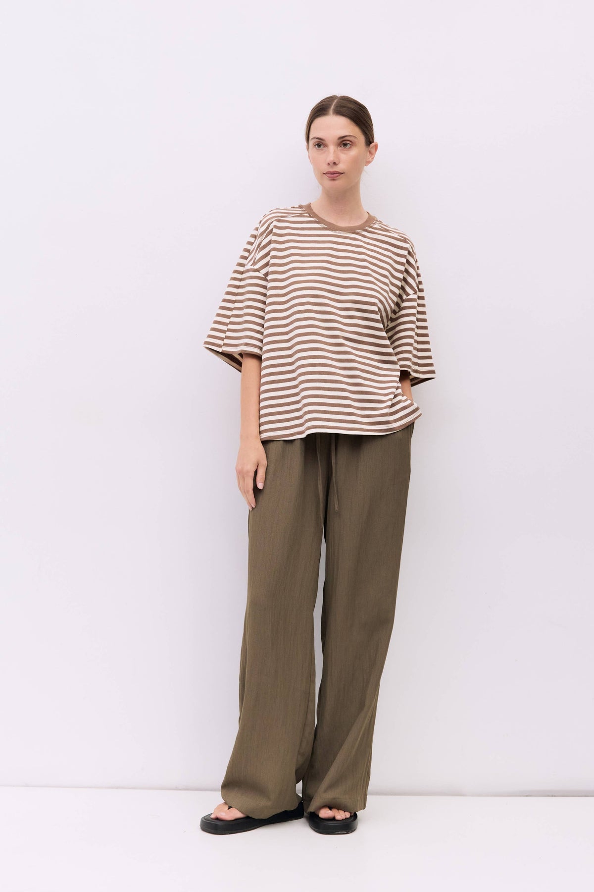 Striped Boxy Knit Elbow-Sleeve Tee