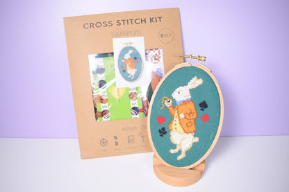 White Rabbit Cross Stitch Kit with Oval Hoop