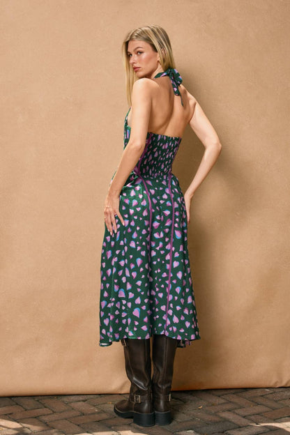 Evergreen Contrast Trim Halter Dress