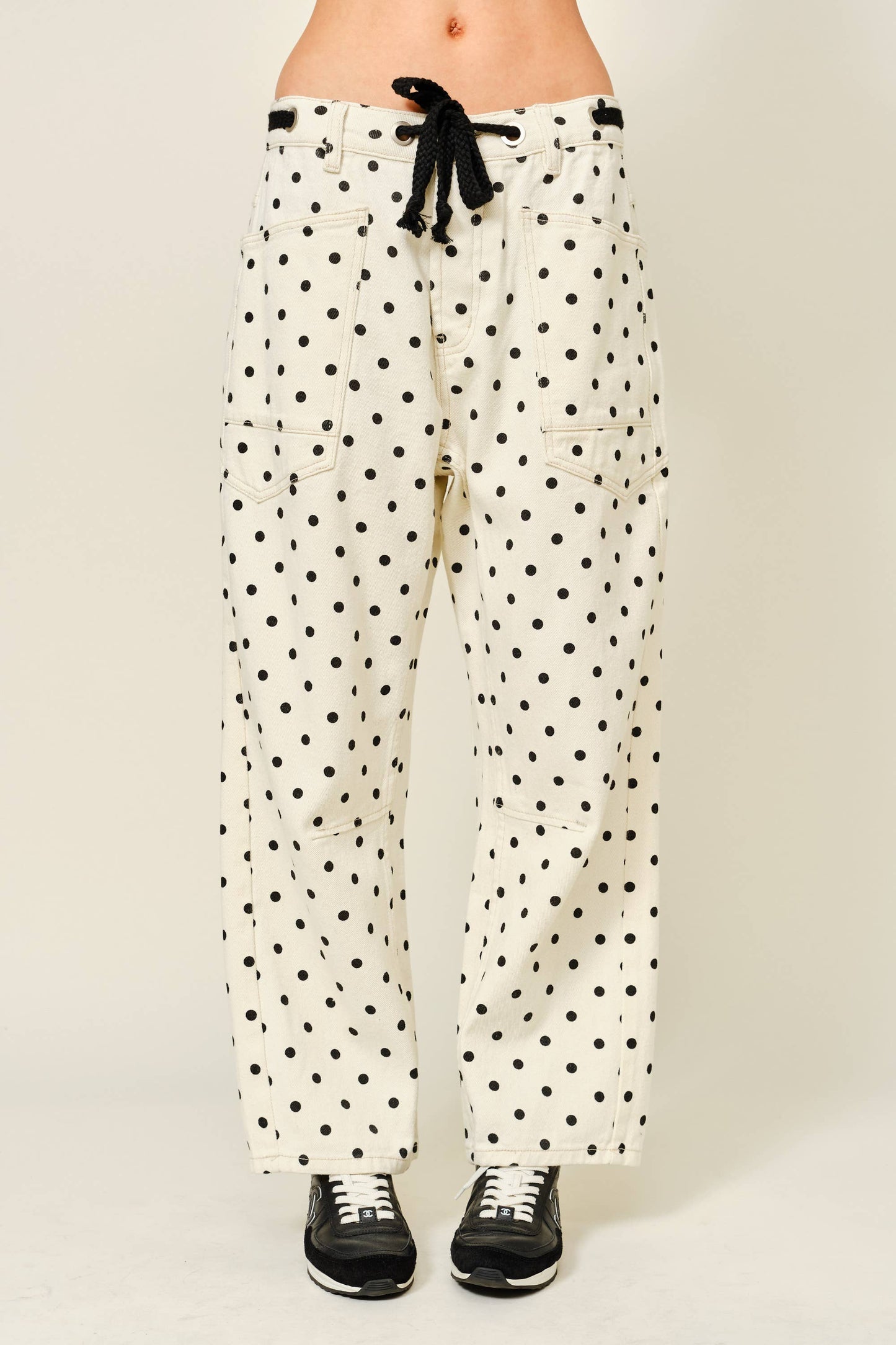 Polka Dot Barrel Leg Cotton Denim Pants