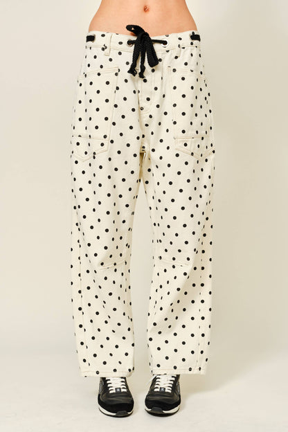Polka Dot Barrel Leg Cotton Denim Pants