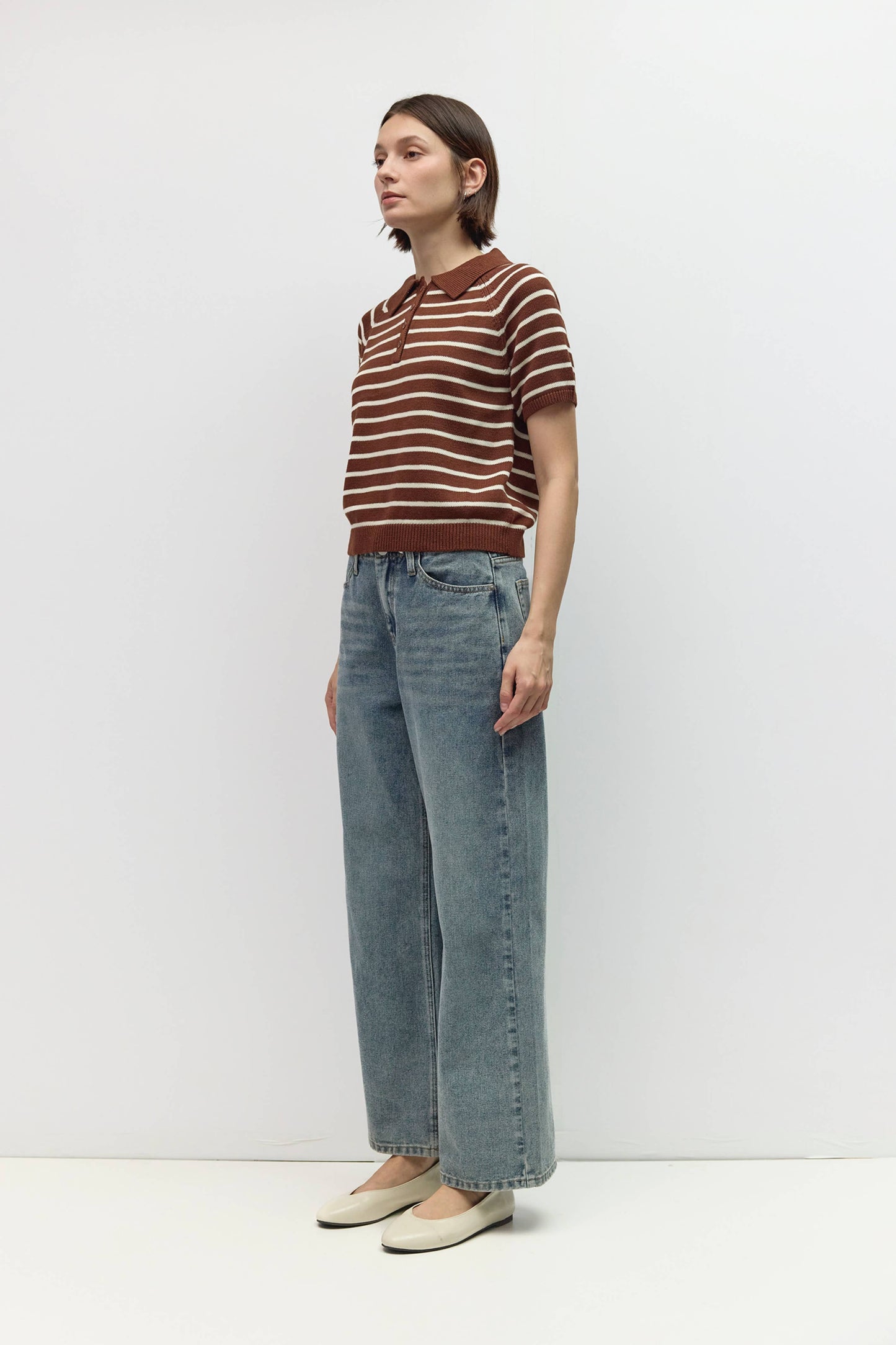 Ana Striped Raglan Collared Cotton Knit Top