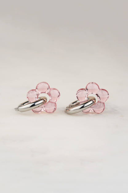 Pink Glass Flower Hoop Earrings