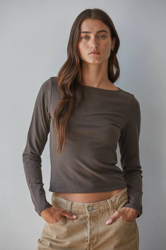 Cotton Spandex Boat Neck Long Sleeve Top