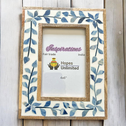 Blue Leaf Wood and Bone Inlay Photo Frame 4x6