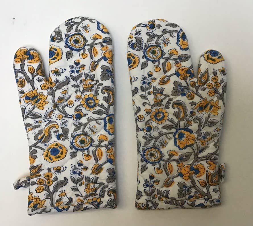 Hand Block Printed Cotton Oven Mitts, Set of 2