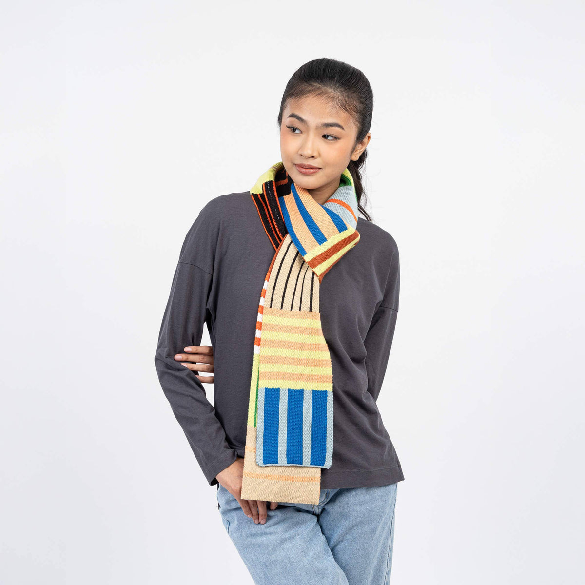 Patchwork Stripe Skinny Knit Scarf 84 Inch