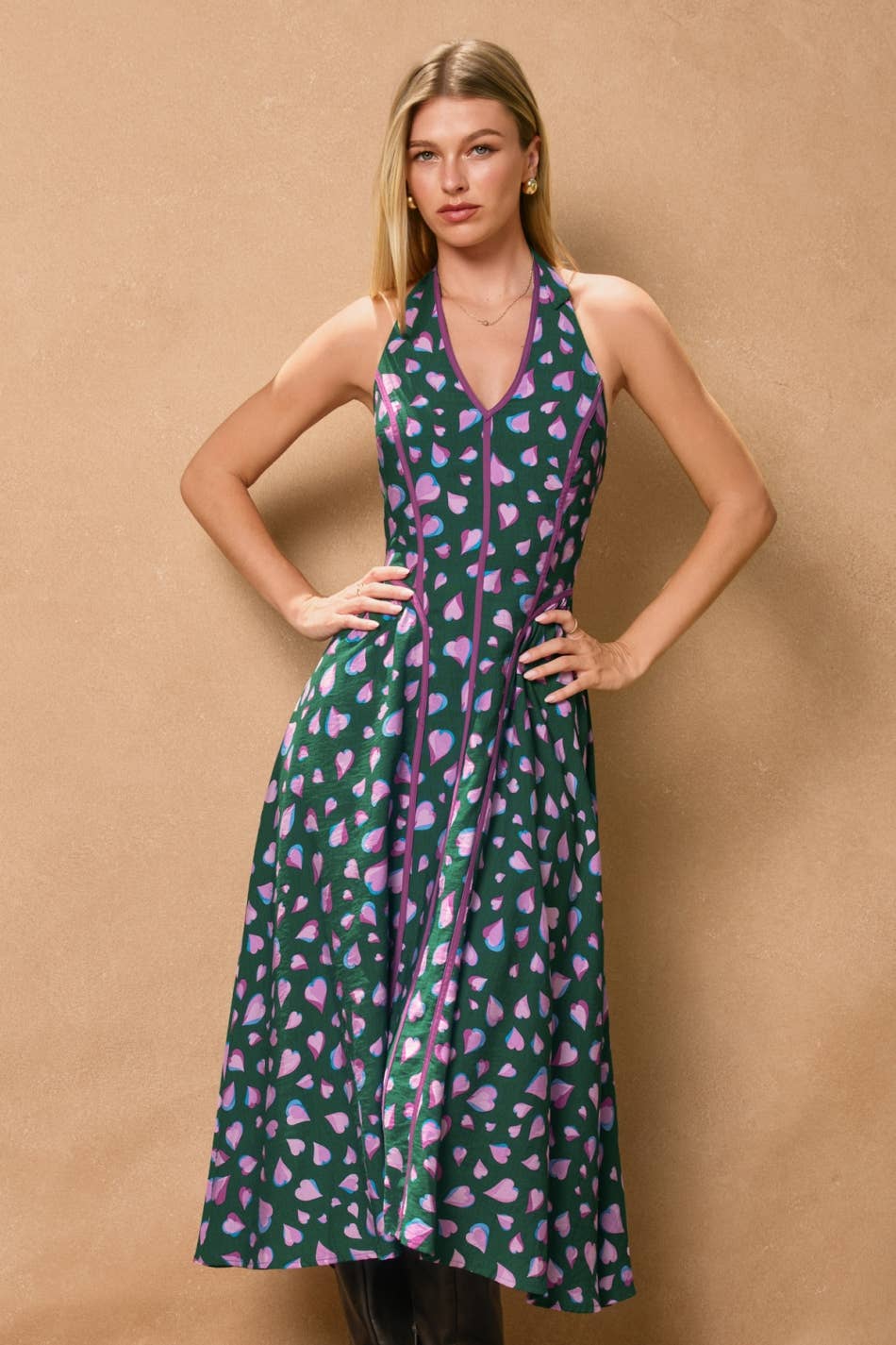 Evergreen Contrast Trim Halter Dress