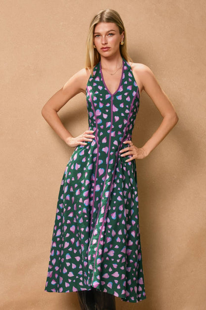 Evergreen Contrast Trim Halter Dress