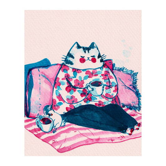 Coffee with Nice Cat Illustrated Art Print