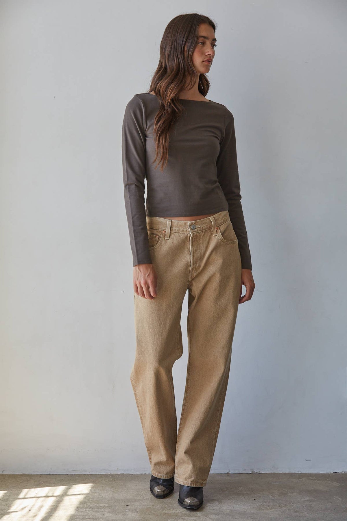 Cotton Spandex Boat Neck Long Sleeve Top