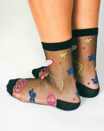 Happy Doodles Sheer Ankle Sock by Hannah Packer