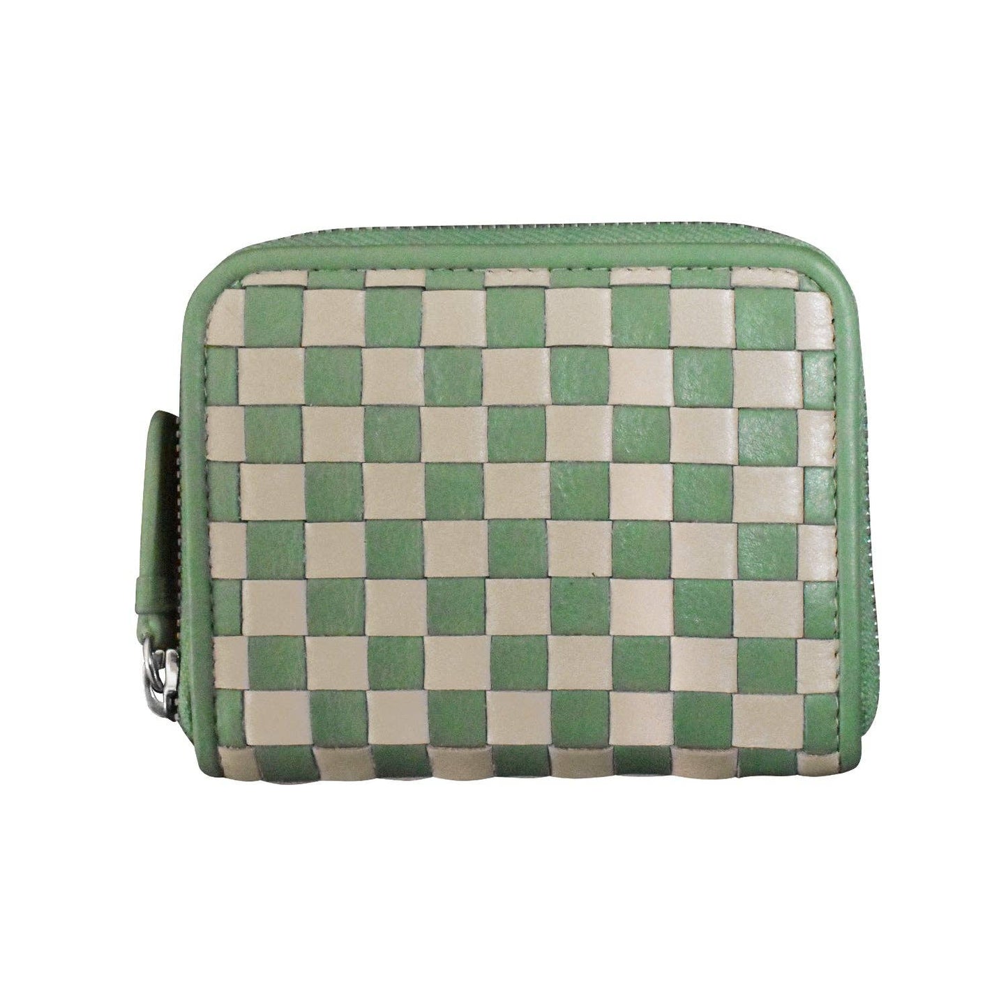 Checkerboard Woven Leather Zip Around Wallet