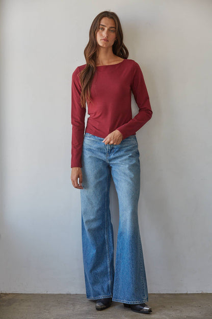 Cotton Spandex Boat Neck Long Sleeve Top