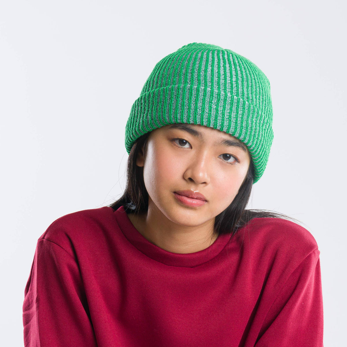 Two-Tone Rib Knit Beanie Unisex One Size