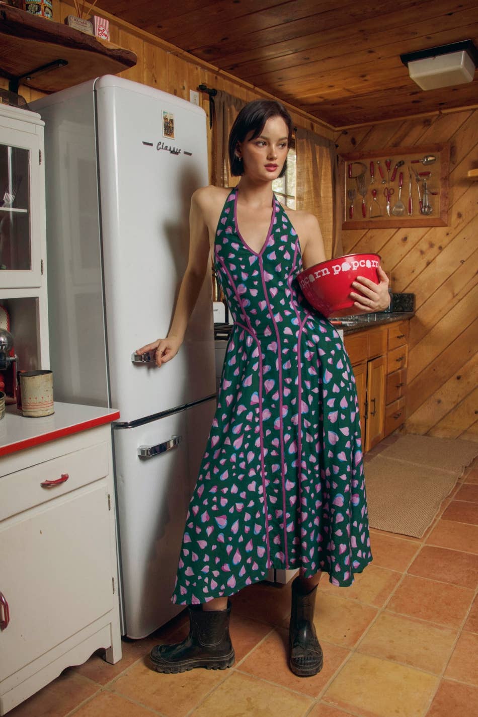 Evergreen Contrast Trim Halter Dress