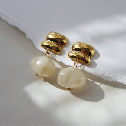 Elle White Stone Bead Drop Earrings Gold Plated