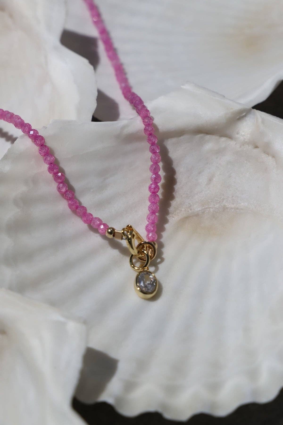 Pink Quartz Beaded Charm Necklace, Gold Clasp