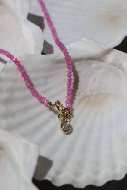 Pink Quartz Beaded Charm Necklace, Gold Clasp
