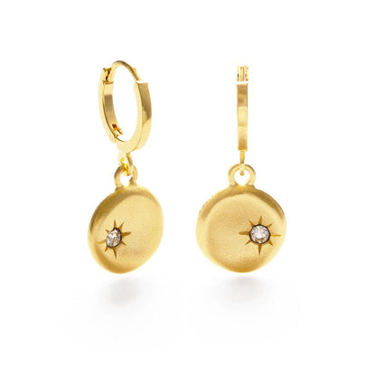 North Star Coin Huggie Earrings Czech Crystal
