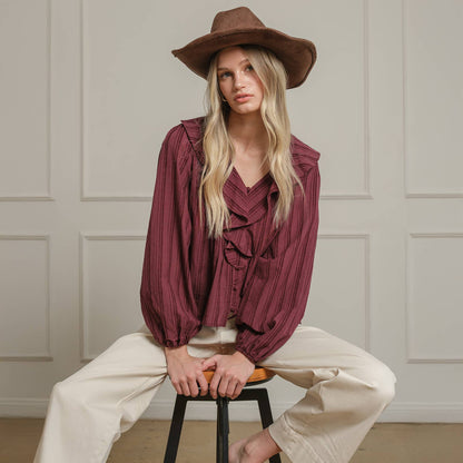 Ruffle Trim Striped Blouse