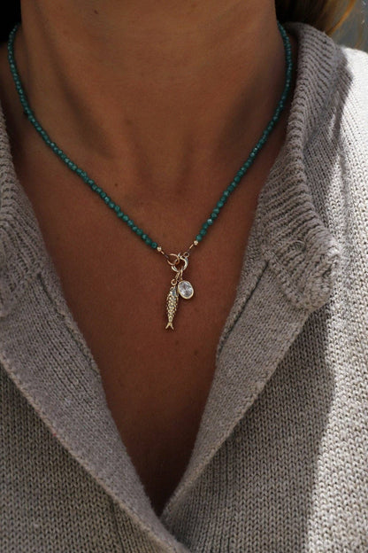 Green Jade Beaded Charm Necklace, Gold Clasp