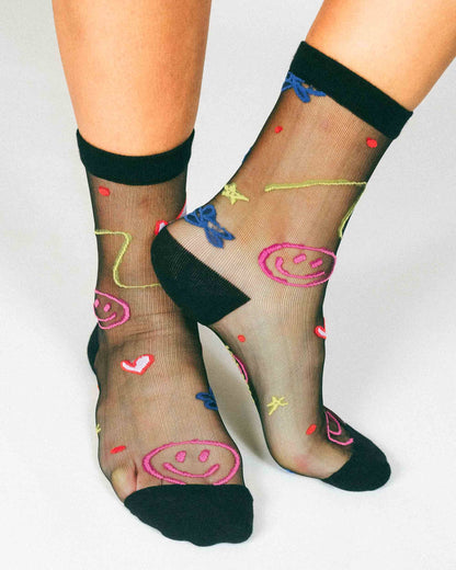 Happy Doodles Sheer Ankle Sock by Hannah Packer