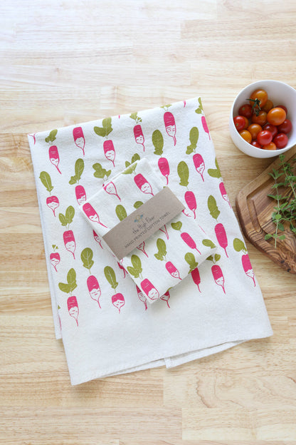 Radish, Handprinted Cotton Kitchen Towel