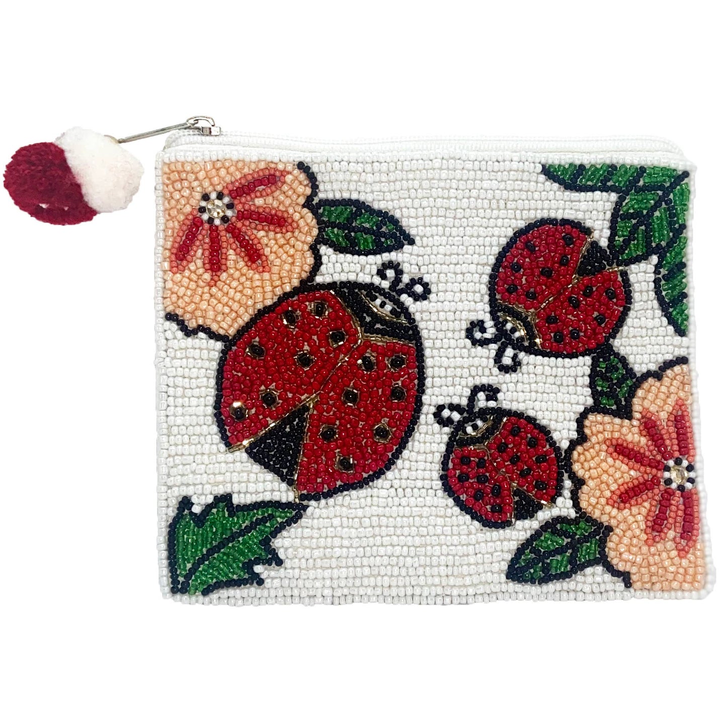 FLOWER LADY BUG BEADED COIN POUCH